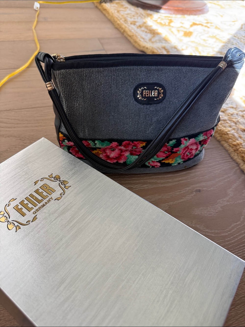 Gray Shoulder Bag with Floral Needlepoint Accent